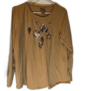 Chico's Cozycore Holiday Sparkle Tan Tee w/ Silver & Gold Sequin Ornaments L*